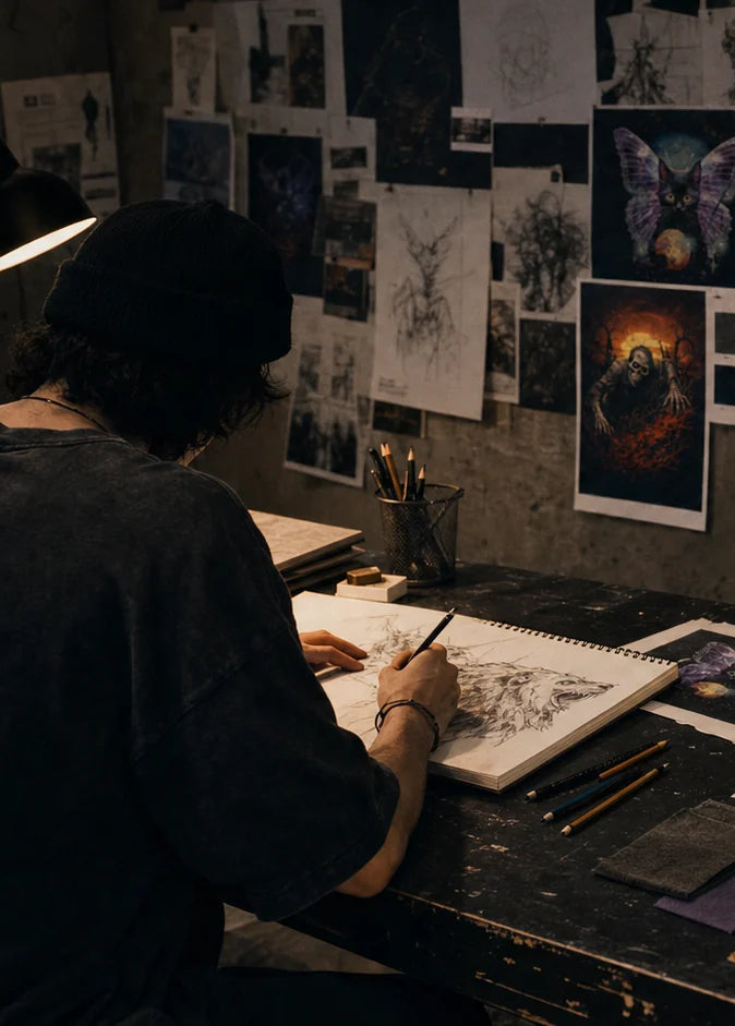 New Visions Designstudio mit Skizzen, Prints und Graphic Tees
