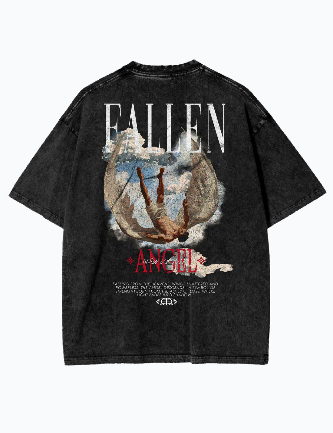 Schwarzes Oversized T-Shirt FALLEN ANGEL – Rückseite mit gefallener Engelsgrafik