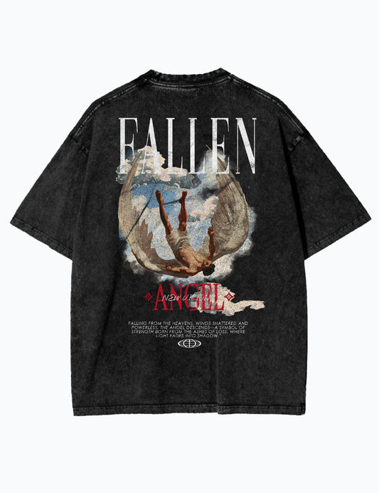Schwarzes Oversized T-Shirt FALLEN ANGEL – Rückseite mit gefallener Engelsgrafik