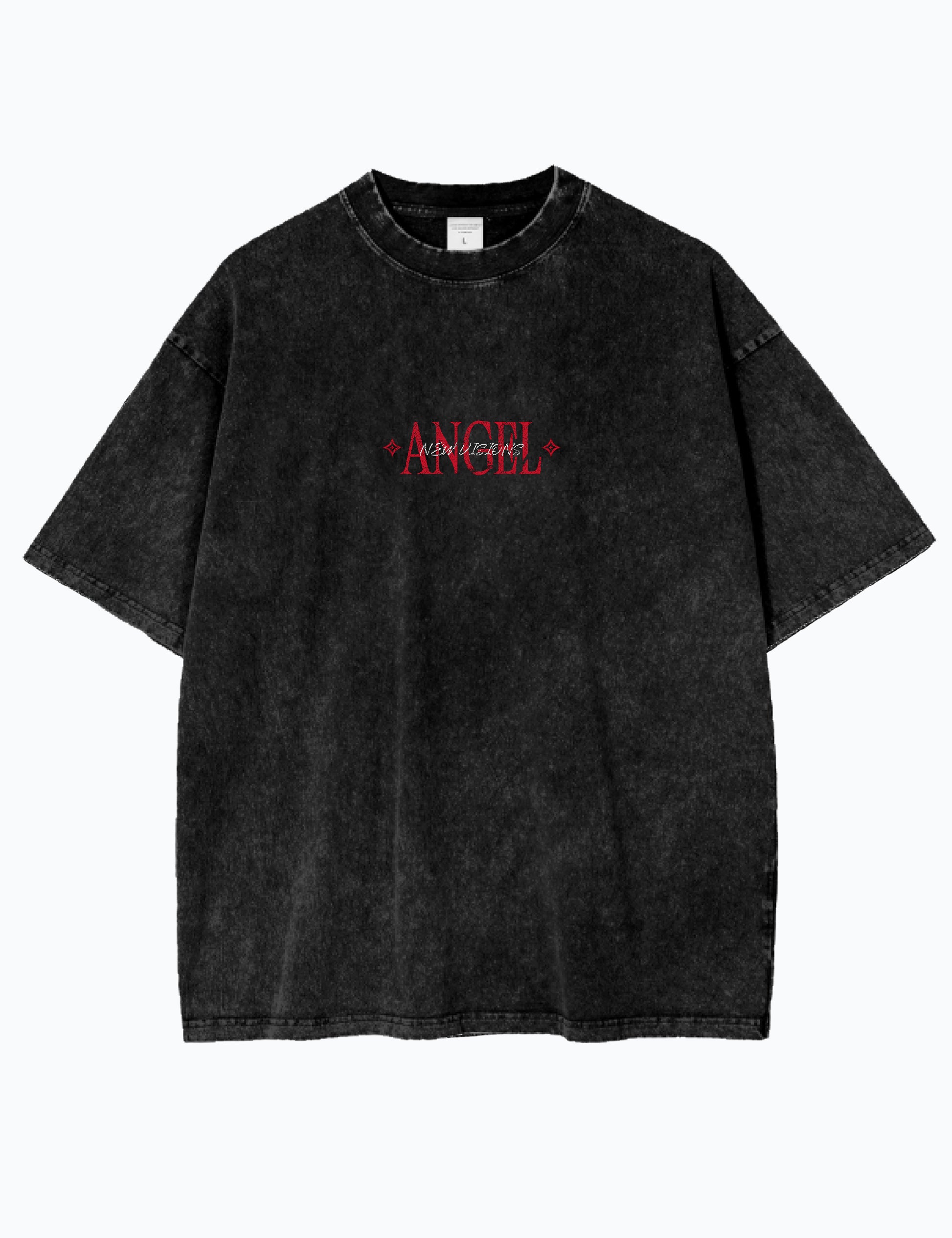 Vorderansicht des Oversized Acid-Wash-T-Shirts in Schwarz mit dem Wort Angel und dem New Visions Clothing Logo.