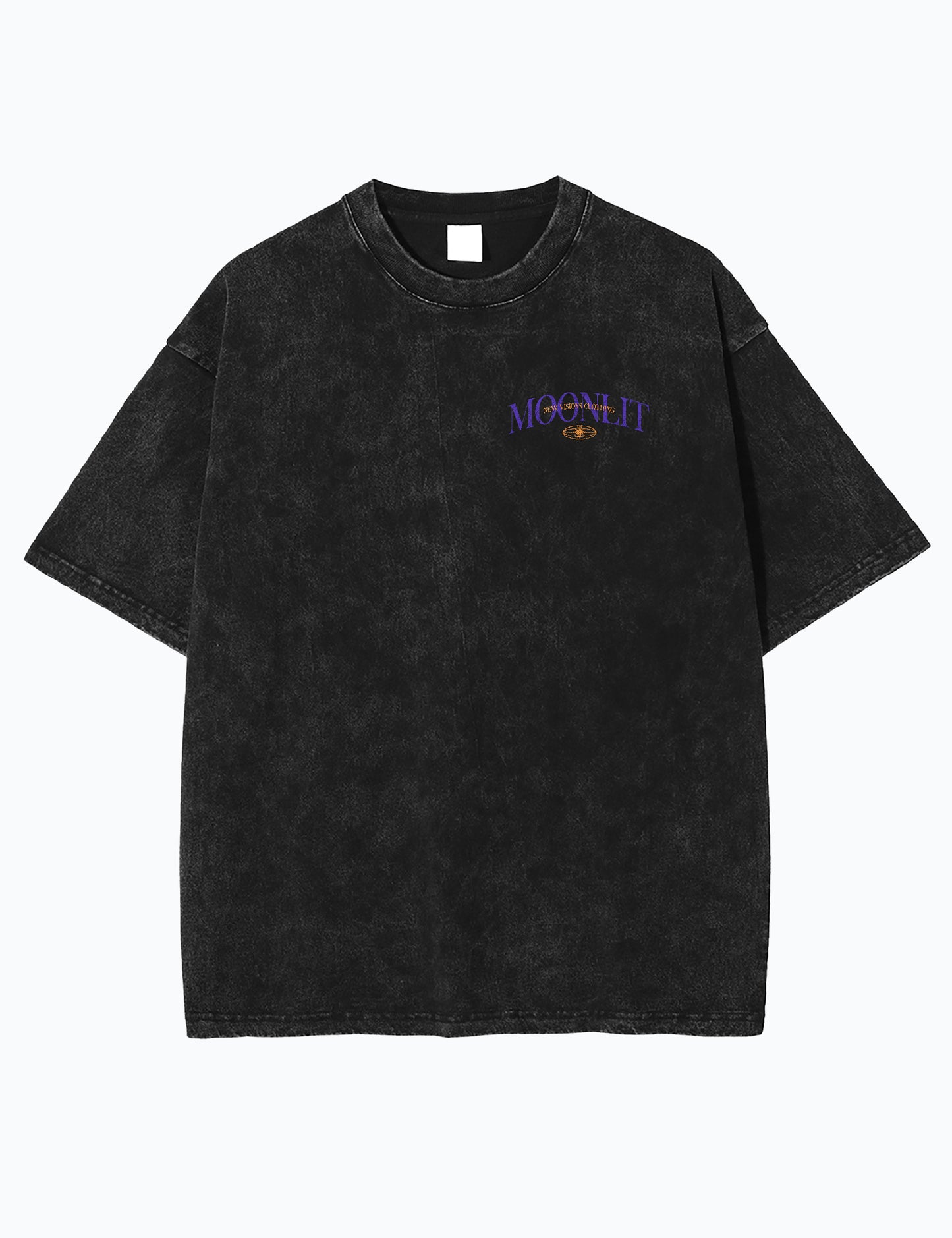 Frontansicht des Oversized Acid-Wash-T-Shirts in Schwarz mit Moonlit Logo.