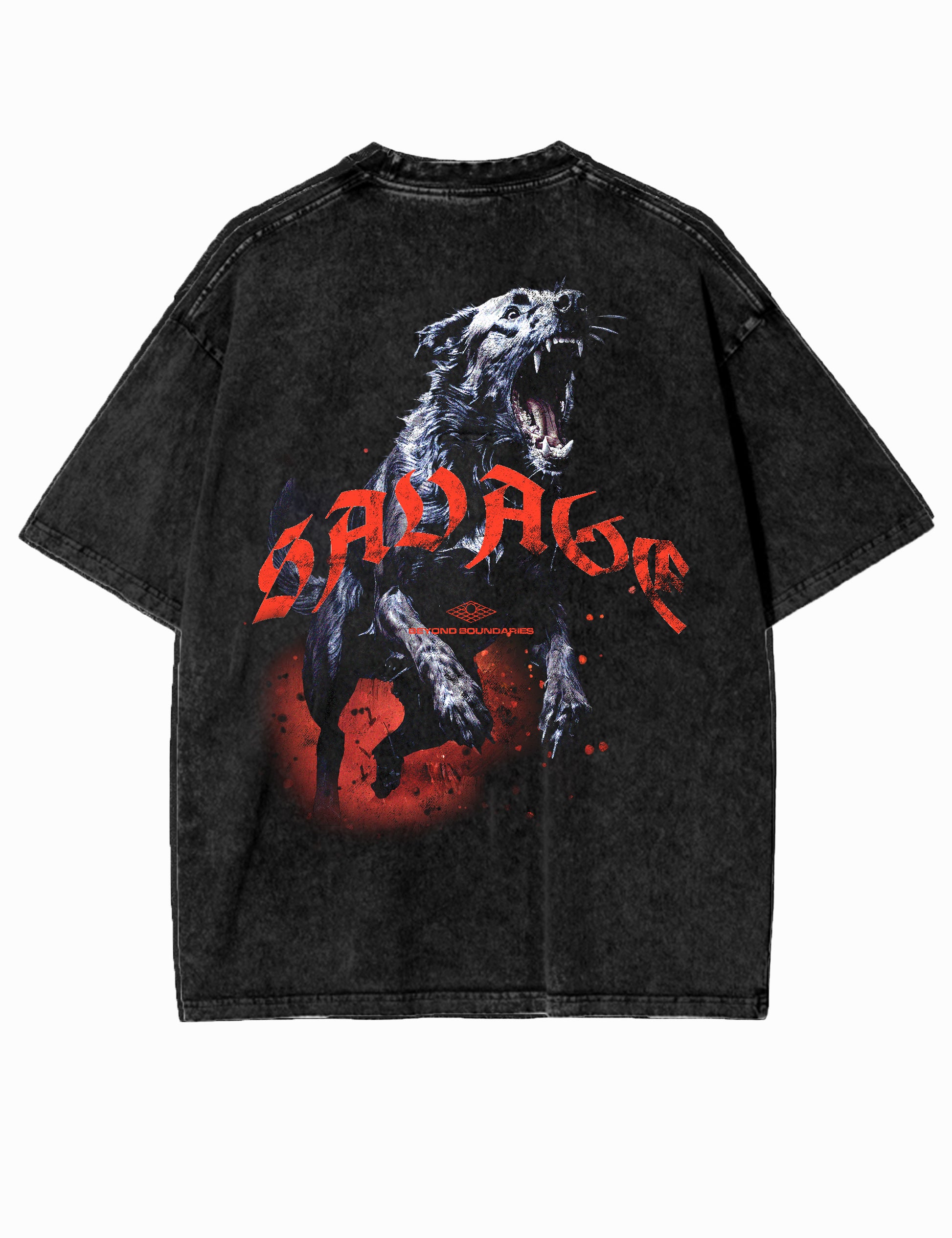 Rückansicht des Oversized Acid-Wash-T-Shirts in Schwarz mit einem Design eines bellenden Hundes, der dir entgegen springt.