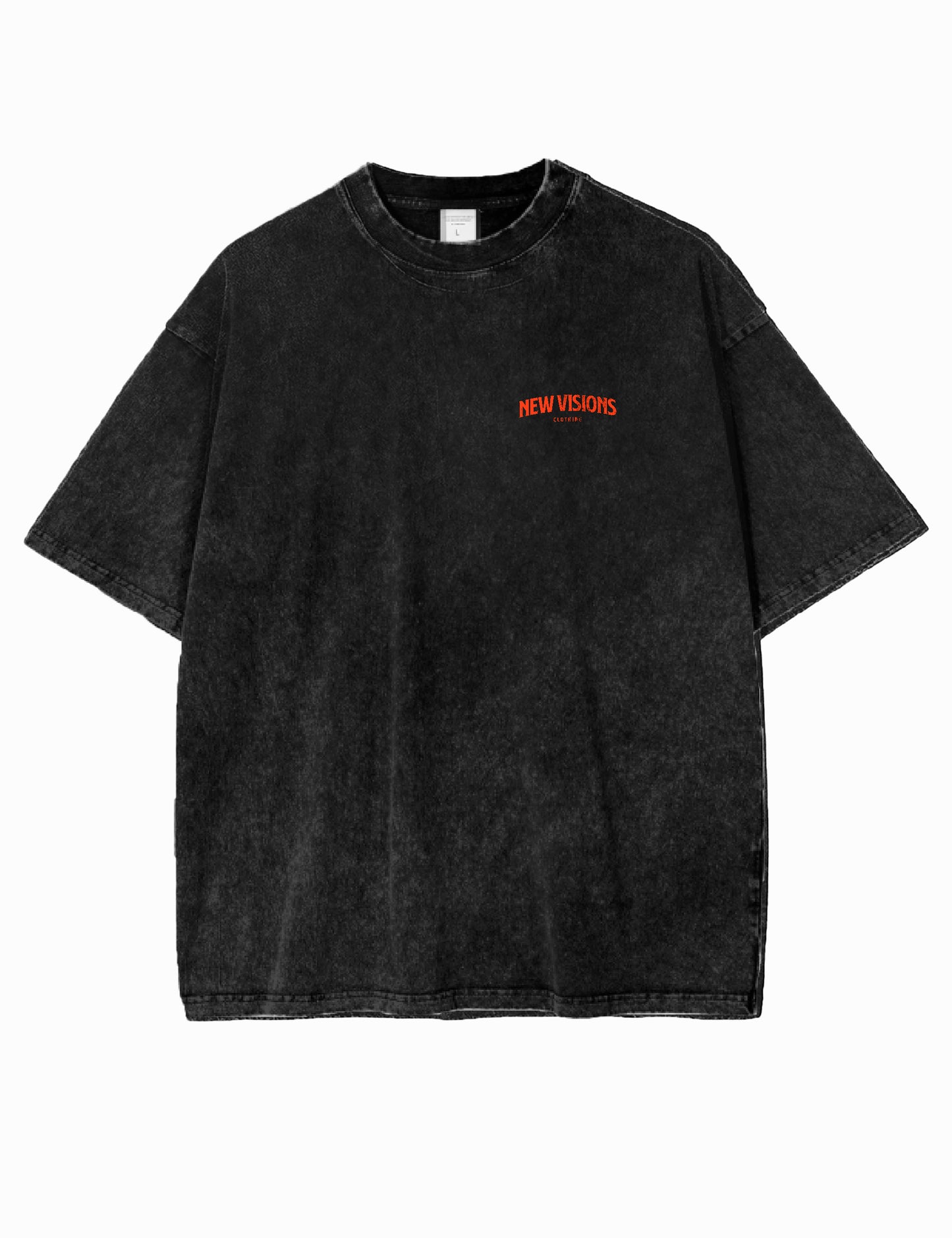 Frontansicht des Oversized Acid-Wash-T-Shirts in Schwarz mit New Visions Clothing Logo.