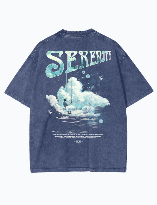 Oversized Acid-Wash-T-Shirt in Blau mit Design eines Mannes auf einer Schaukel in den Wolken, Rückseite.