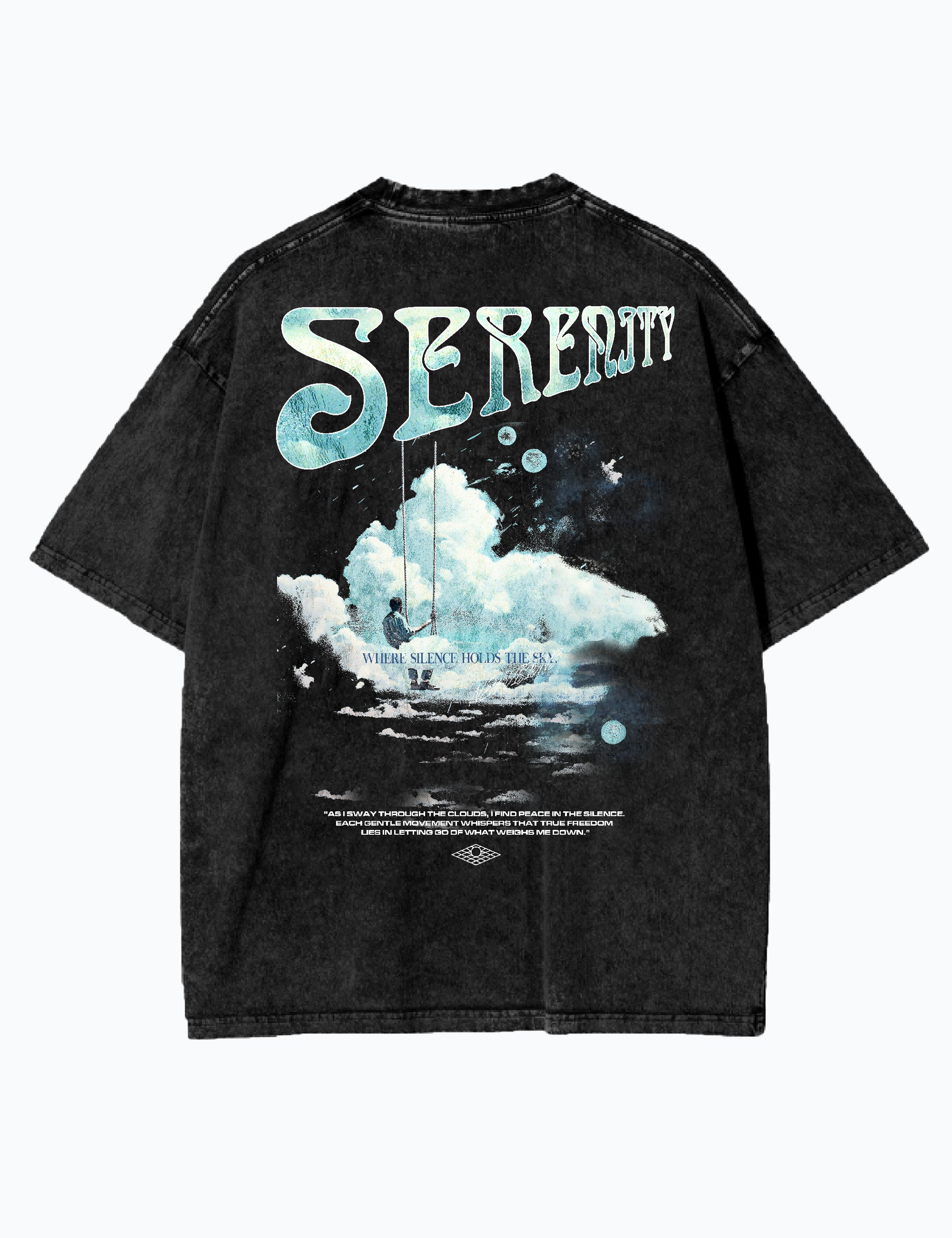 Oversized Acid-Wash-T-Shirt in Schwarz mit Design eines Mannes auf einer Schaukel in den Wolken, Rückseite.