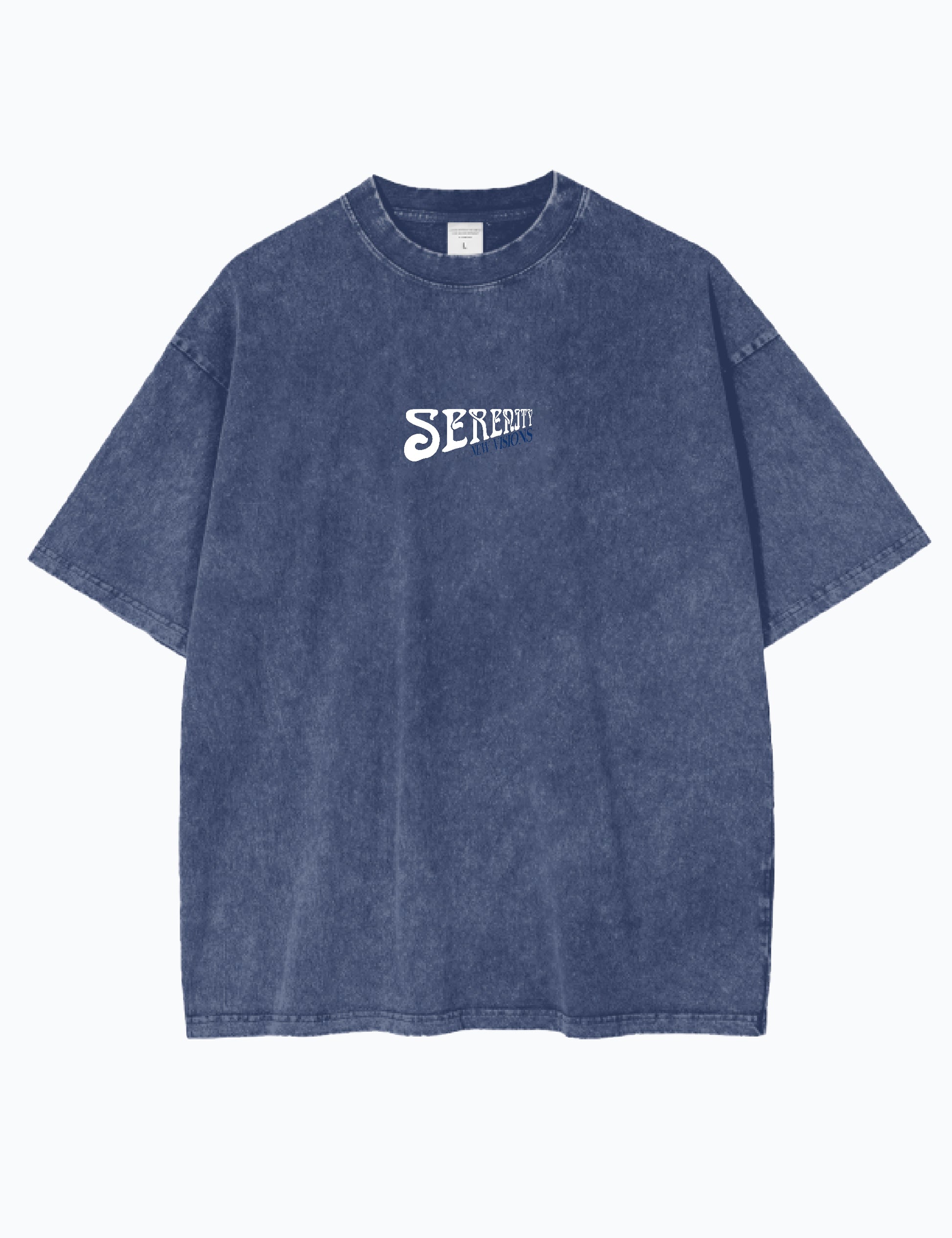 Oversized Acid-Wash-T-Shirt in Blau mit kleinem Logo-Design 'New Visions Clothing', Vorderseite.