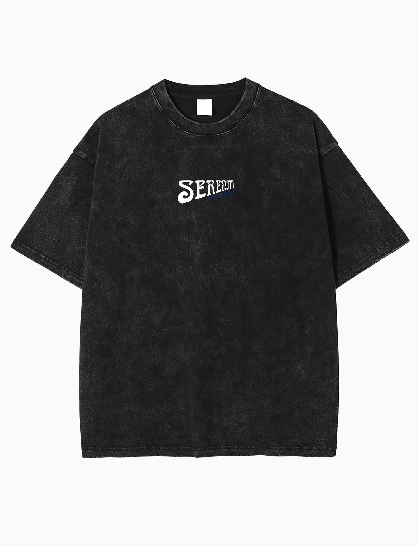 Oversized Acid-Wash-T-Shirt in Schwarz mit kleinem Logo-Design 'New Visions Clothing', Vorderseite.