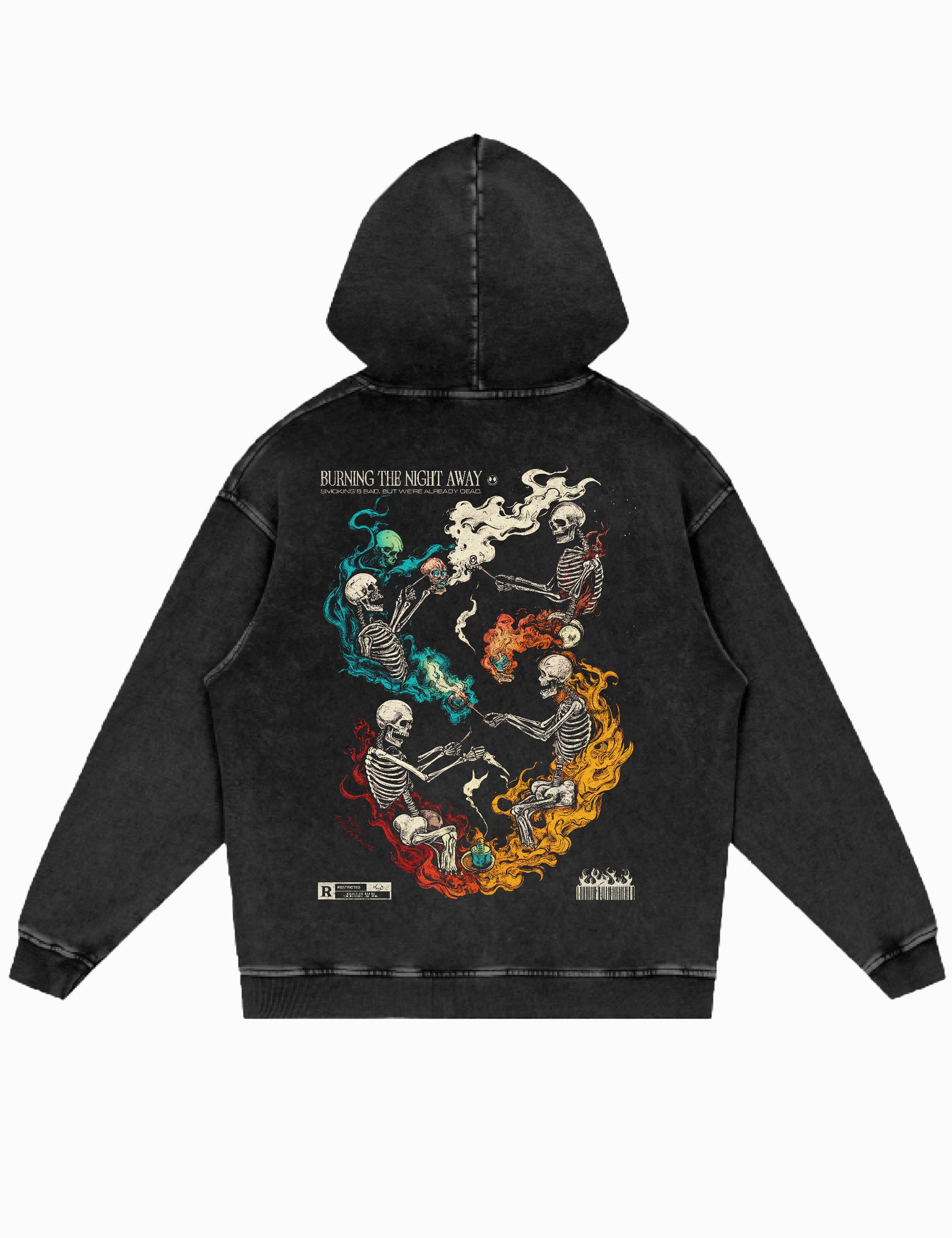 Oversized Acid-Wash-Hoodie in Schwarz mit Design von vier Skeletten, die rauchen und entspannen, Rückseite.