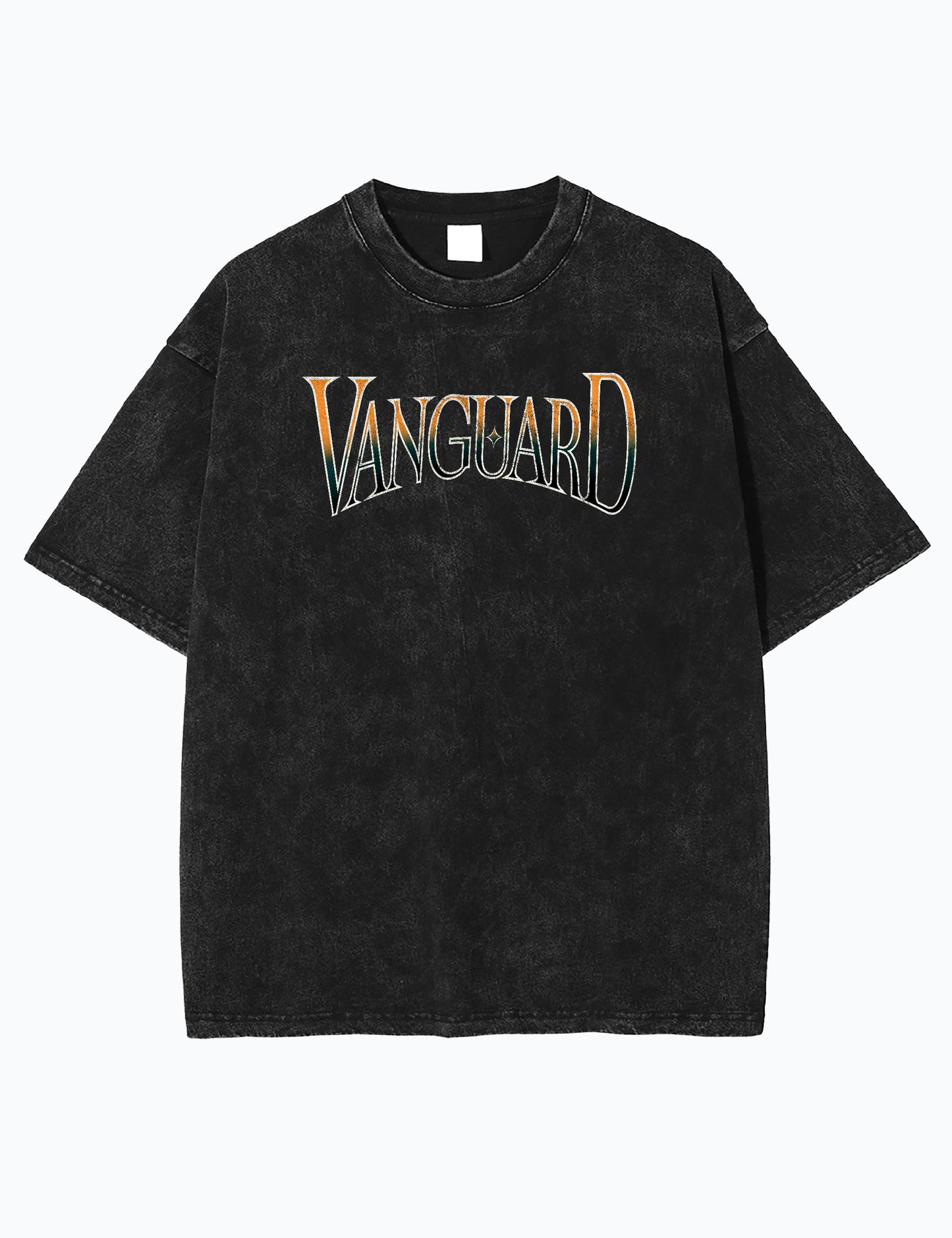 Vorderansicht des Oversized Acid-Wash-T-Shirts in Blau mit dem Vanguard Logo.