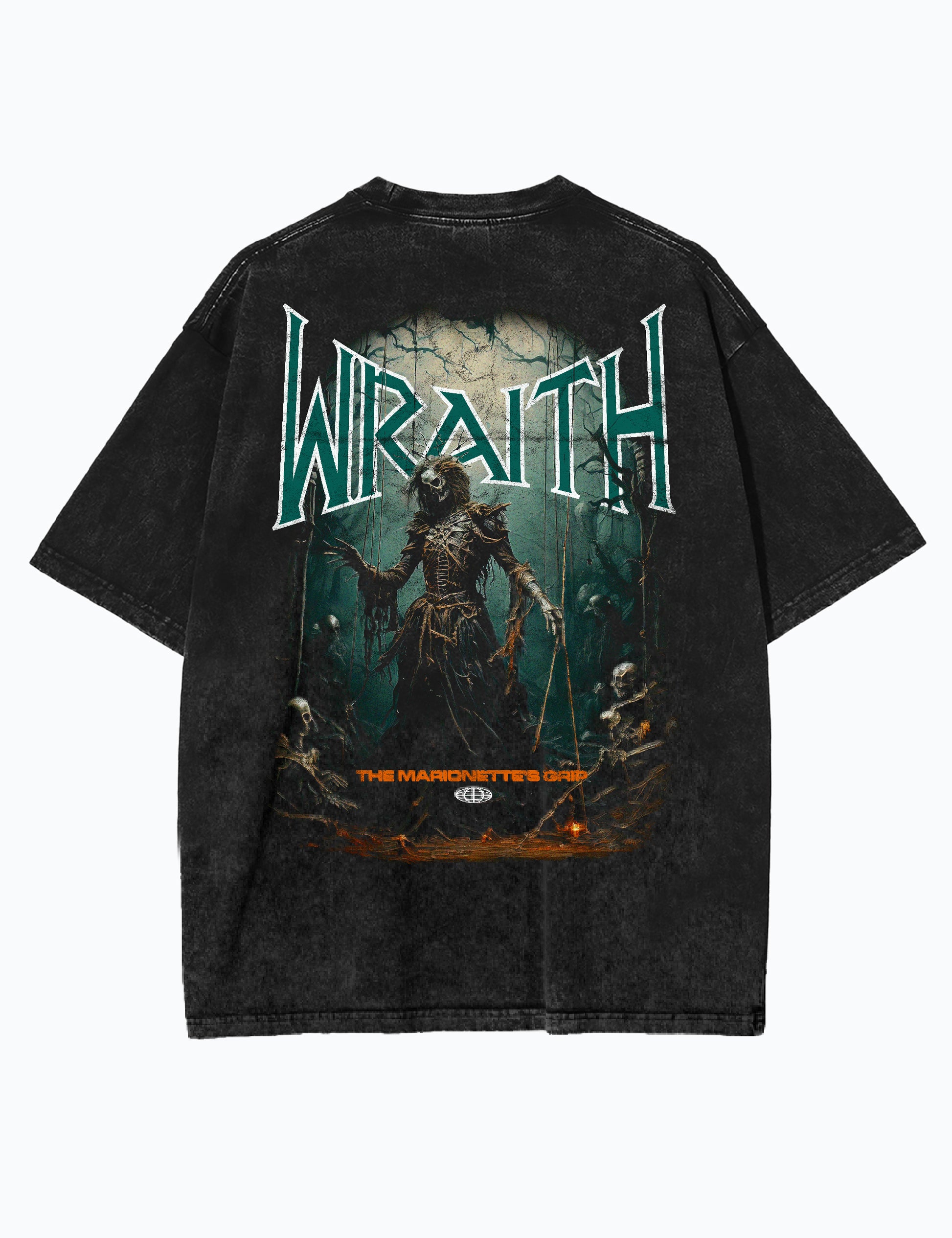 Rückansicht des Oversized Acid-Wash-T-Shirts in Schwarz mit Wraith-Design, einer untoten Marionettenfigur, die mit den Toten spielt.