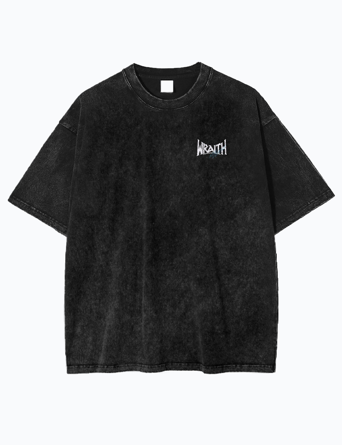 Vorderansicht des Oversized Acid-Wash-T-Shirts in Schwarz mit Wraith Logo