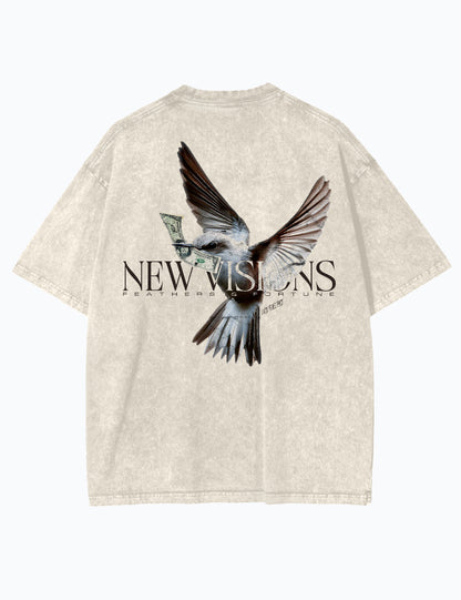 Oversized Acid-Wash-T-Shirt in Sand/Beige mit Vogel-Design und Dollar-Schein im Schnabel, Rückseite.