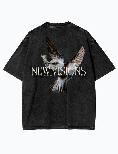 Oversized Acid-Wash-T-Shirt in Schwarz mit Vogel-Design und Dollar-Schein im Schnabel, Rückseite.