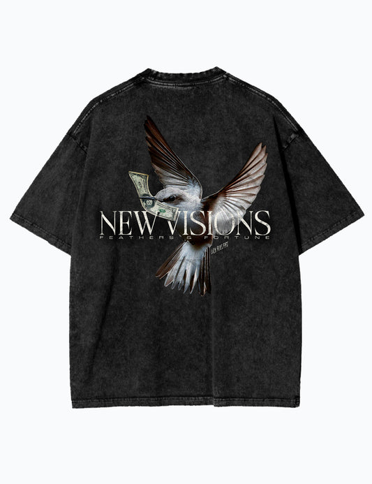 Oversized Acid-Wash-T-Shirt in Schwarz mit Vogel-Design und Dollar-Schein im Schnabel, Rückseite.