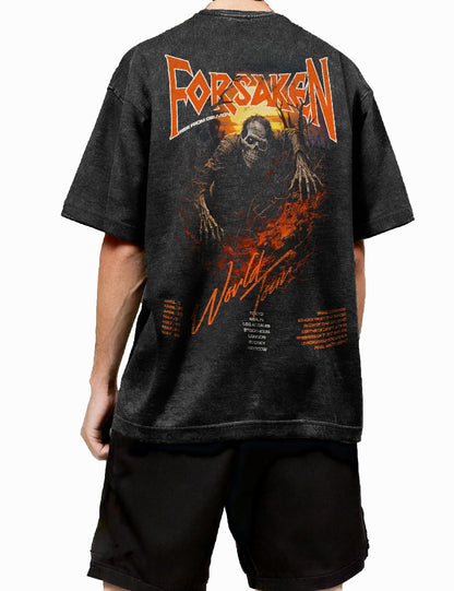 Model trägt Oversized Acid-Wash-T-Metal world tour Shirt in Schwarz mit Skelett-Design, Rückansicht.