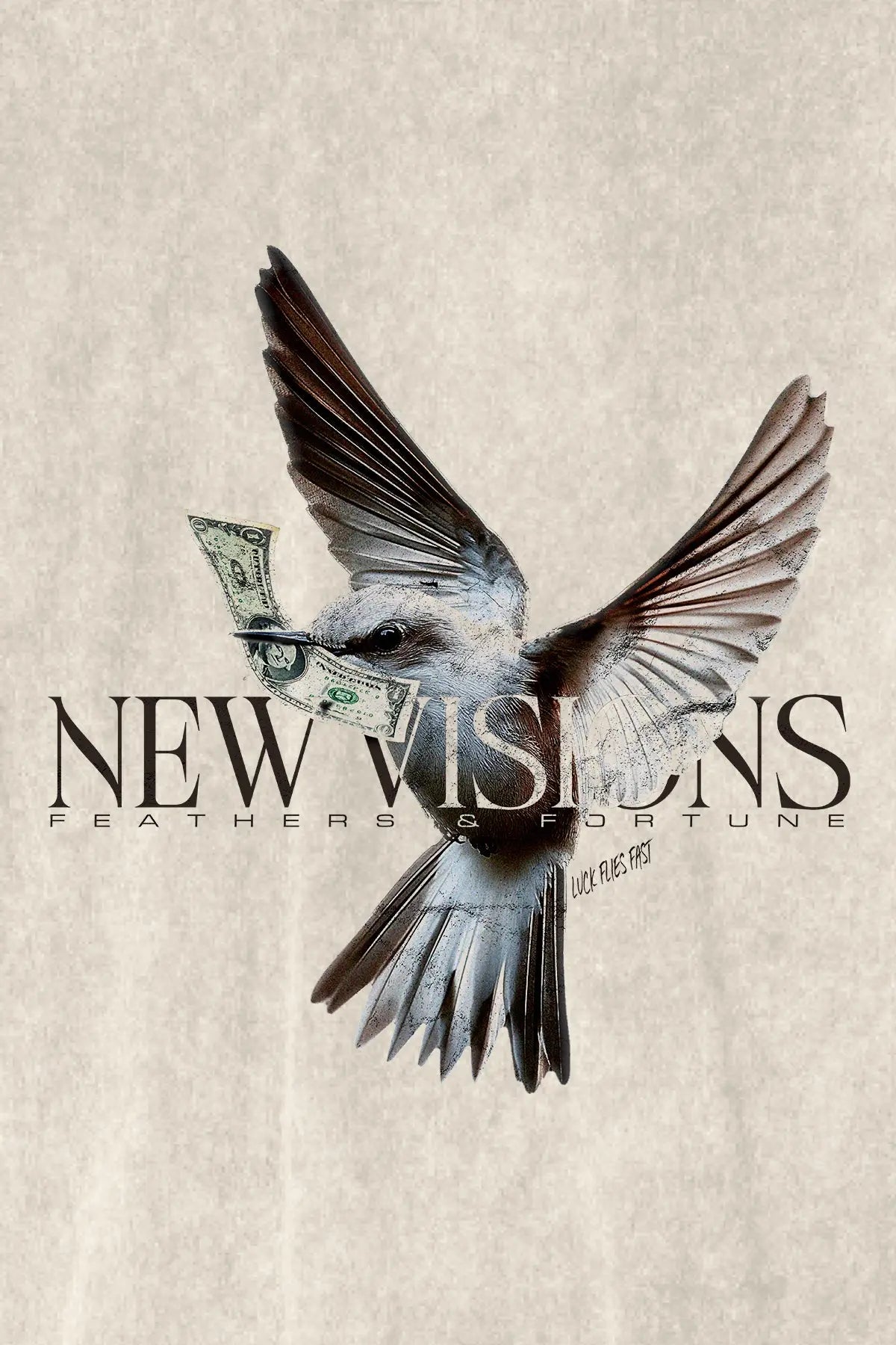 MONEY FLIES T-Shirt, Backprint-Artwork – New Visions "Feathers & Fortune" Bird Graphic | color:sand