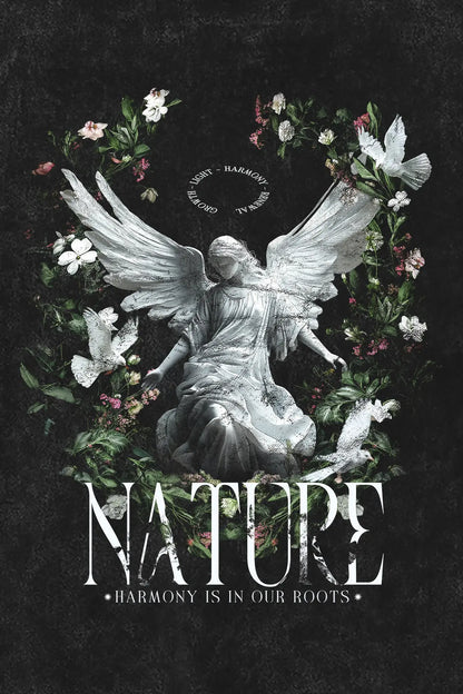NATURE'S HARMONY T-Shirt, Backprint-Artwork – Angel Statue mit Floral Wreath "Harmony Is In Our Roots" | color:void