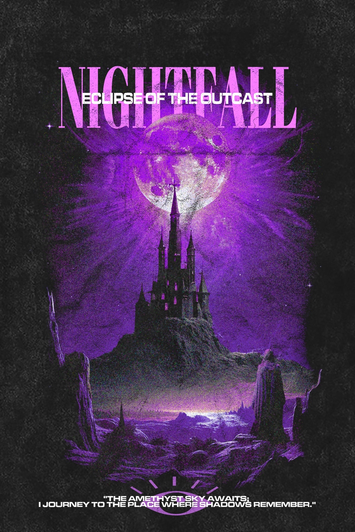 NIGHTFALL T-Shirt, Backprint-Artwork – "Curse of the Outcast" Castle & Moon Graphic "The Amethyst Sky Awaits" | color:void