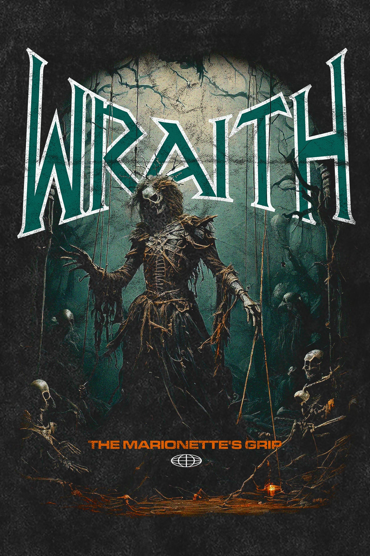 WRAITH T-Shirt, Backprint-Artwork – "The Marionette's Grip" Dark Fantasy Skeleton Graphic | color:void