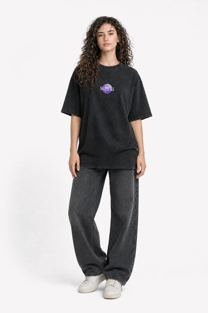 NIGHTFALL T-Shirt, Ganzkörper-Frontansicht mit Moon Chest-Logo – Acid Wash Black Look | color:void