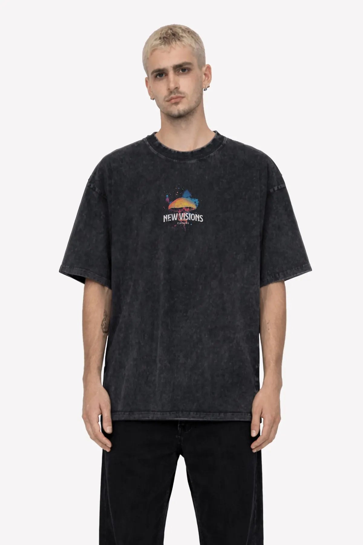 SPACE IS WEIRD T-Shirt, Frontansicht mit New Visions Chest-Logo – Acid Wash Streetwear | color:void