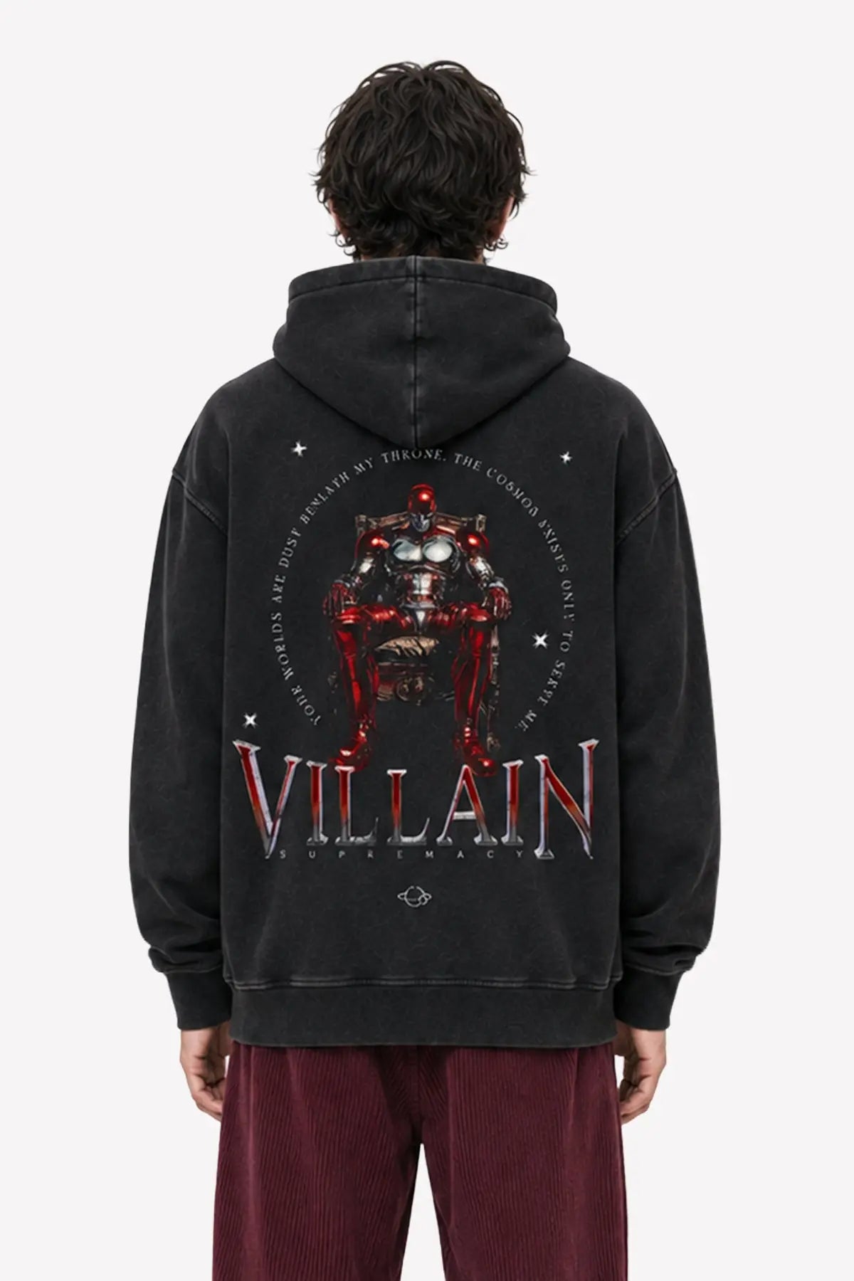 VILLAIN Hoodie, Rückenansicht mit Villain Supremacy Backprint – Cyber Robot auf Thron | color:void