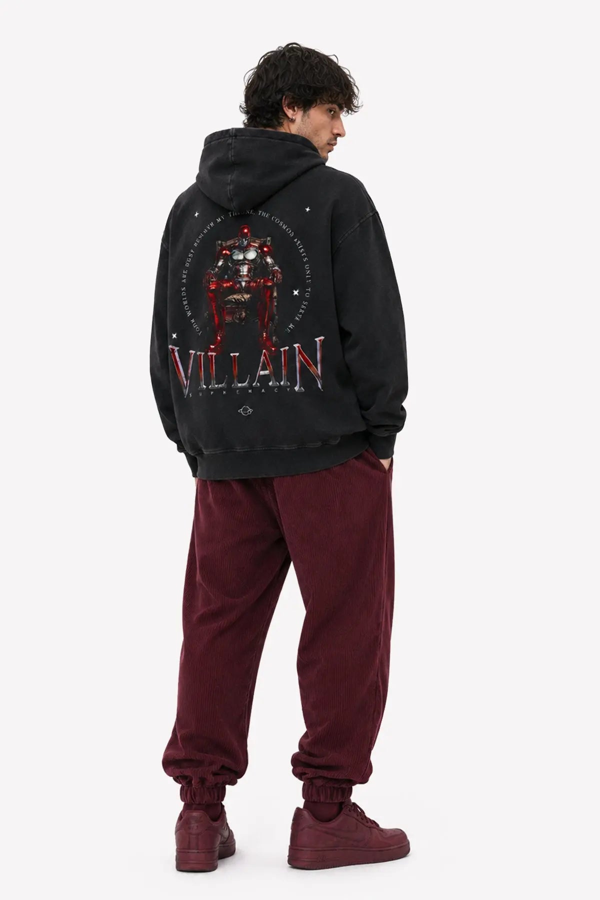 VILLAIN Hoodie, Ganzkörper-Rückenansicht mit Villain Supremacy Backprint – Oversized Streetwear Outfit | color:void