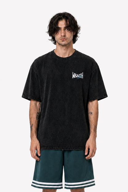 WRAITH T-Shirt, Frontansicht mit WRAITH Chest-Logo – Acid Wash Black Oversized Streetwear | color:void